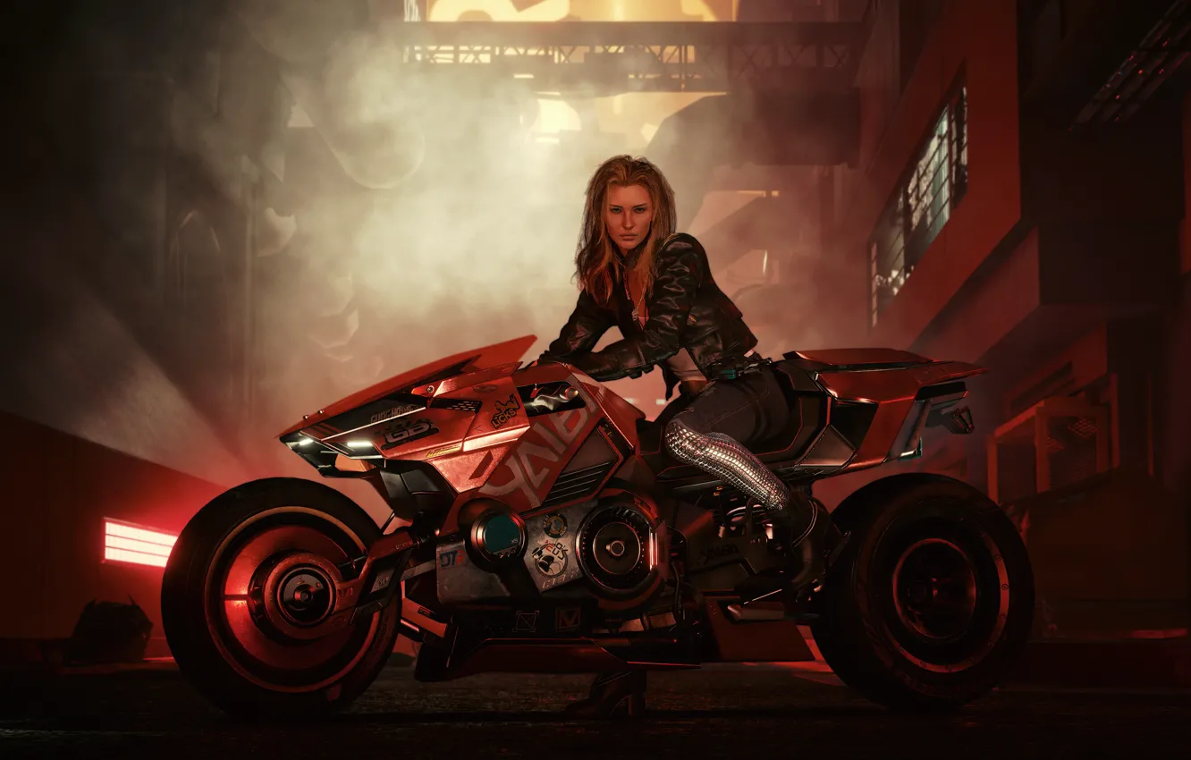 Фото обои girl, bike, art, rider, blonde, Cyberpunk 2077, biker