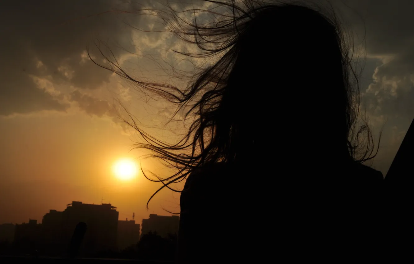 Фото обои небо, девушка, пейзаж, закат, ветер, волосы