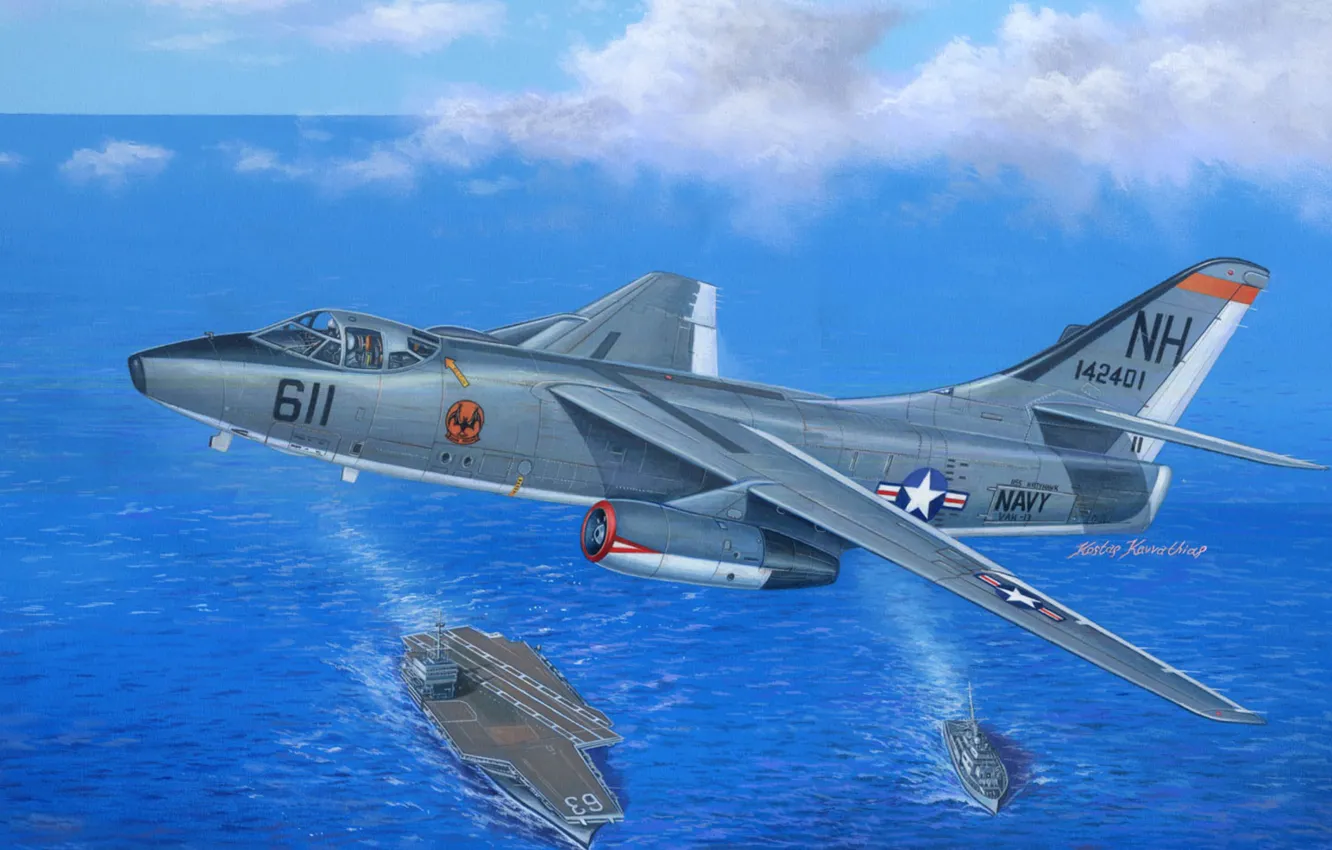 Фото обои art, Бомбардировщик, Douglas, Палубный, Авианосец, A-3 Skywarrior
