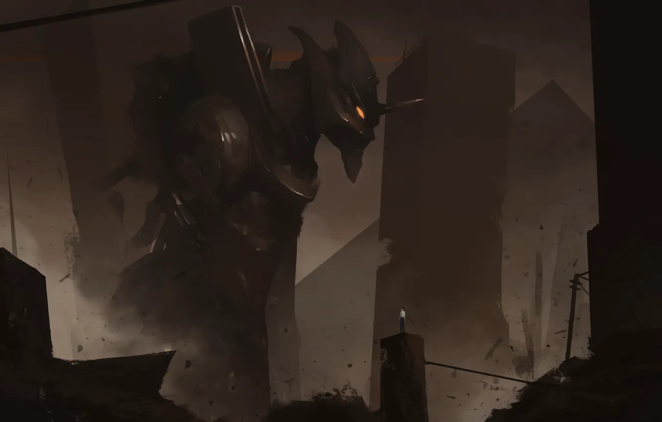Фото обои город, робот, разрушение, руины, anime, art, Evangelion, eva unit 1