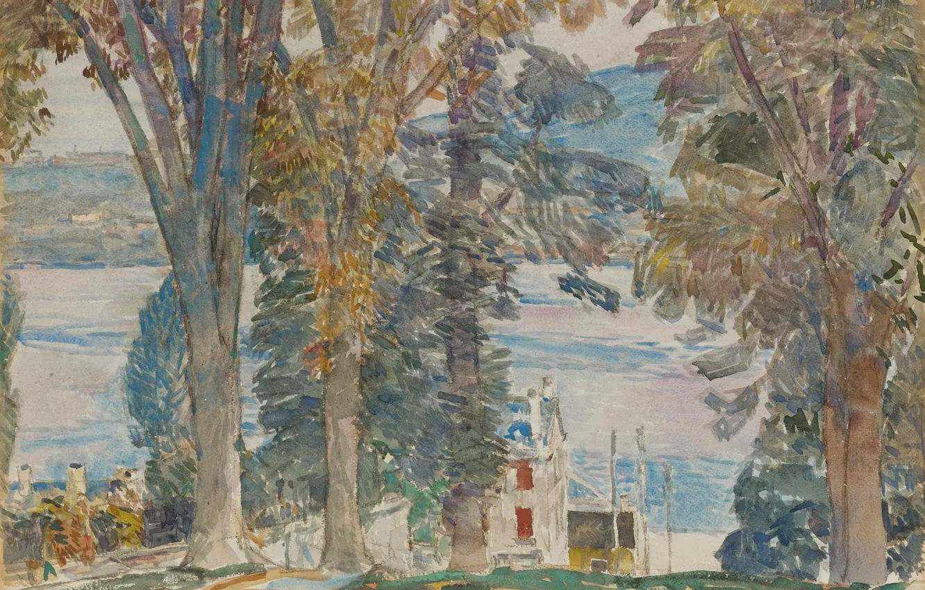 Фото обои пейзаж, рисунок, акварель, Frederick Childe Hassam, Чайльд Гассам, Ньюбург. Нью-Йорк