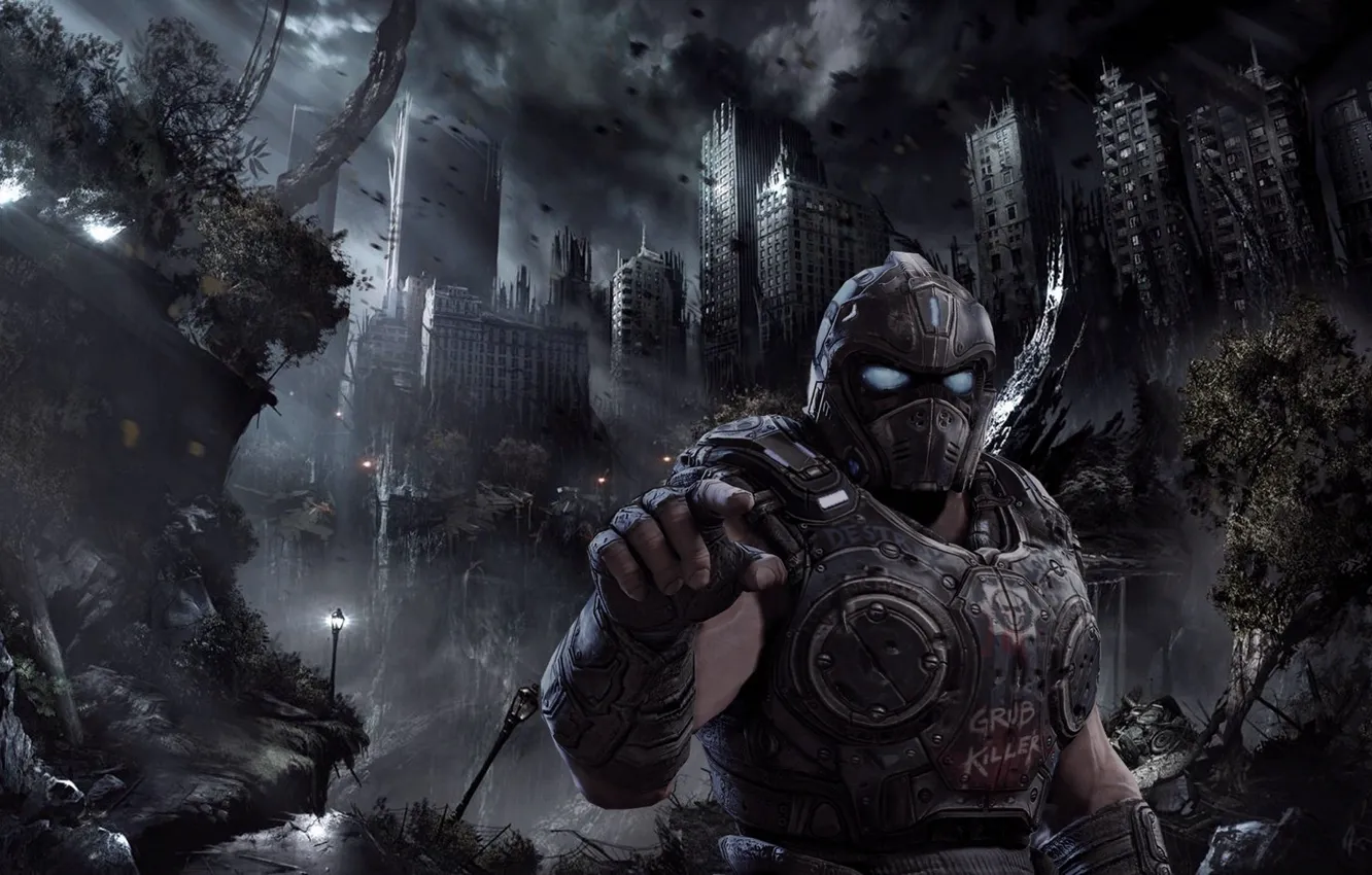 Фото обои city, Microsoft, battlefield, soldier, sky, chaos, Gears of War, war