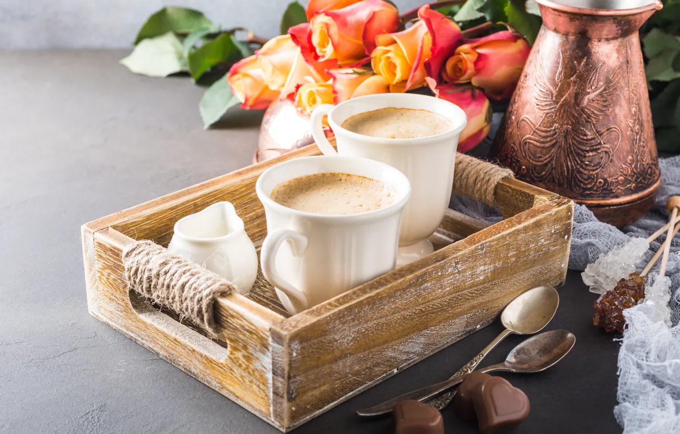Фото обои кофе, розы, букет, конфеты, чашки, сердечки, шоколадная, Iryna Melnyk