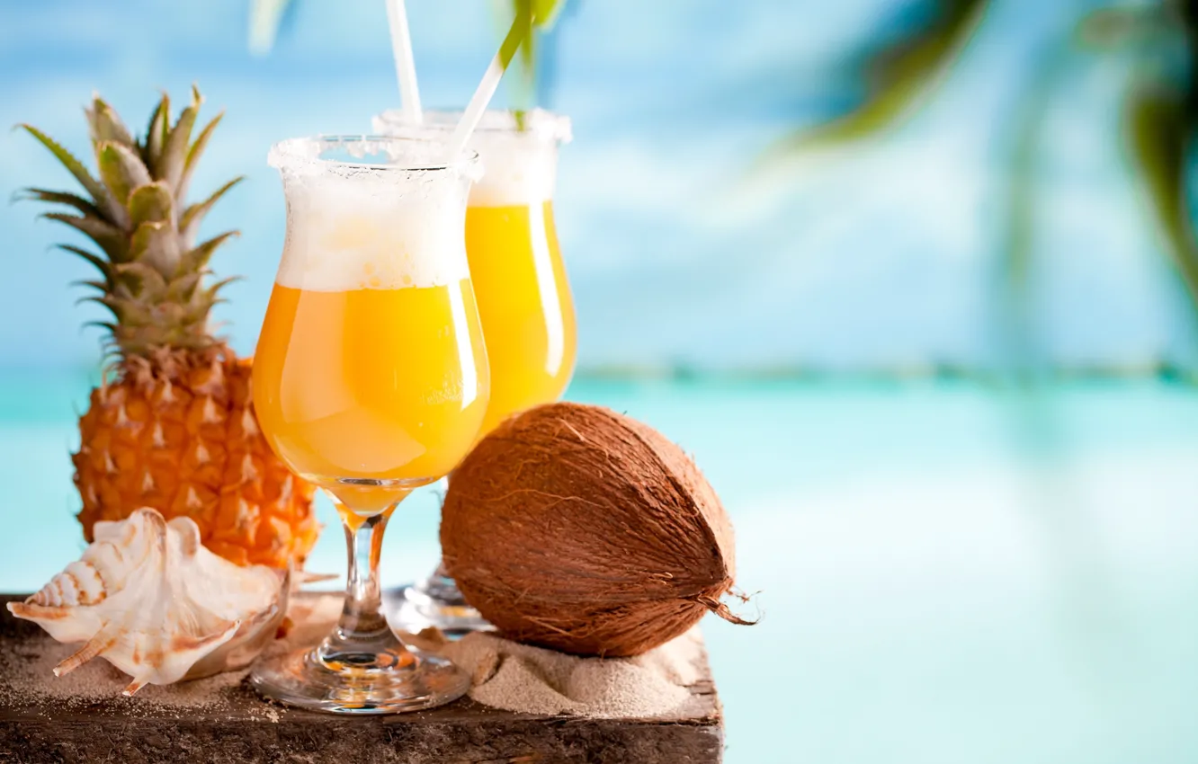 Фото обои кокос, ракушка, коктейль, ананас