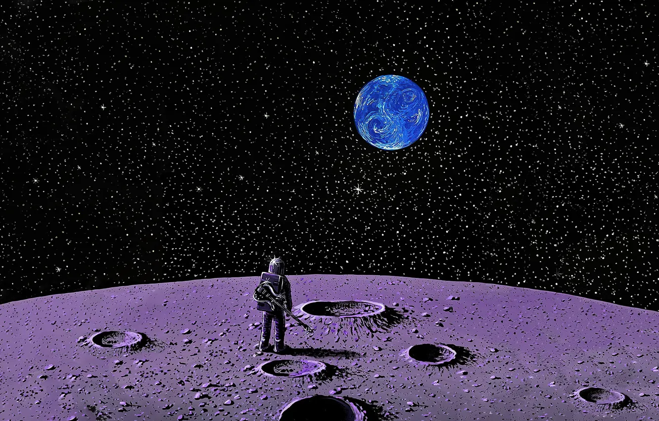 Фото обои космос, звезды, планета, гитара, космонавт, earth, Луна, Земля