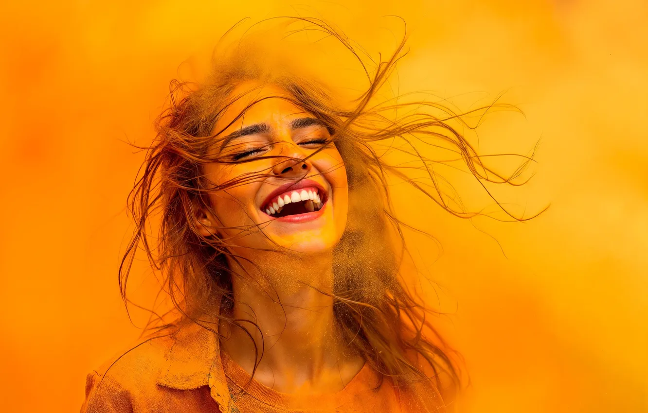 Фото обои girl, portrait, laughter, ai art