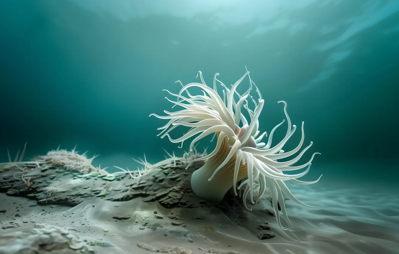 Фото обои underwater, cyan, sea floor, AI art, sea anemones
