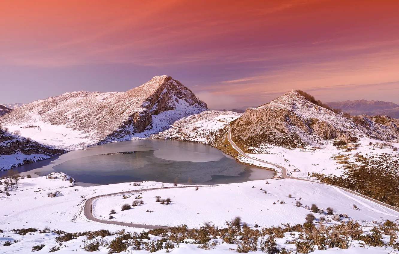 Фото обои зима, горы, озеро, вечер, Испания, провинция, Астурия, Enol lake