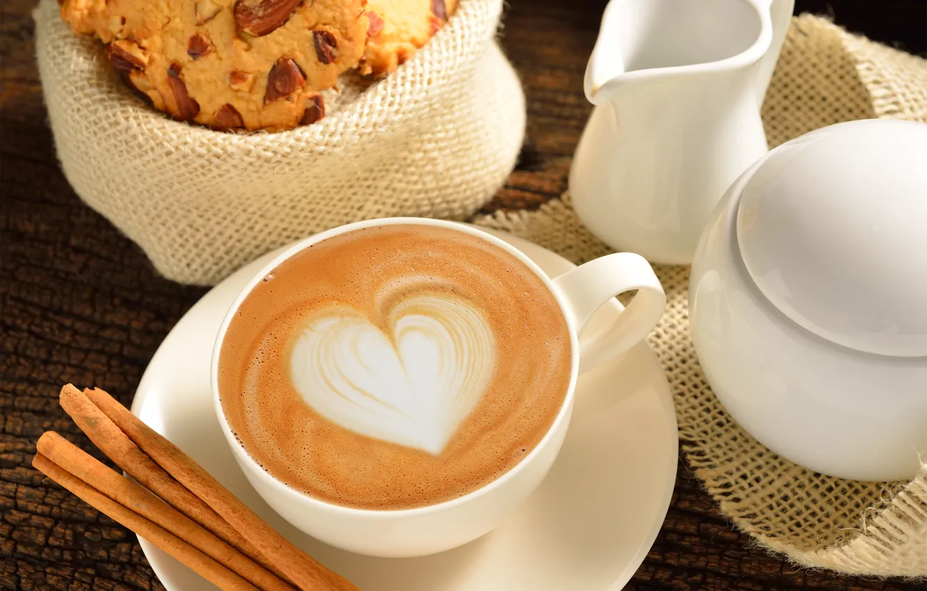 Фото обои любовь, сердце, кофе, молоко, чашка, love, heart, какао