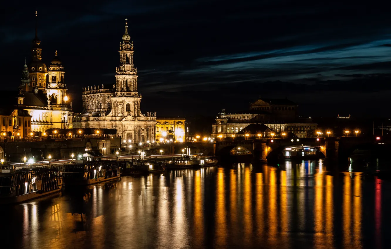 Фото обои ночь, огни, река, Германия, Дрезден