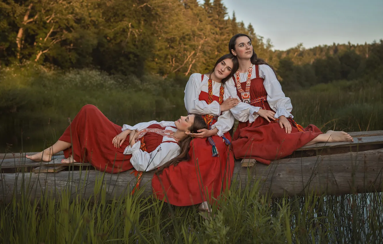Фото обои girls, cute, fancy, costumes, Russian folk