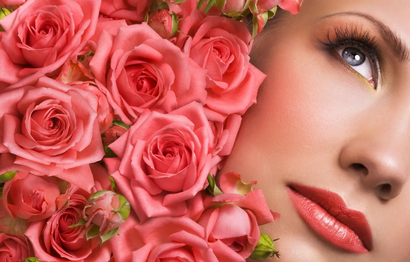 Фото обои макро, цветы, лицо, модель, розы, помада, губы