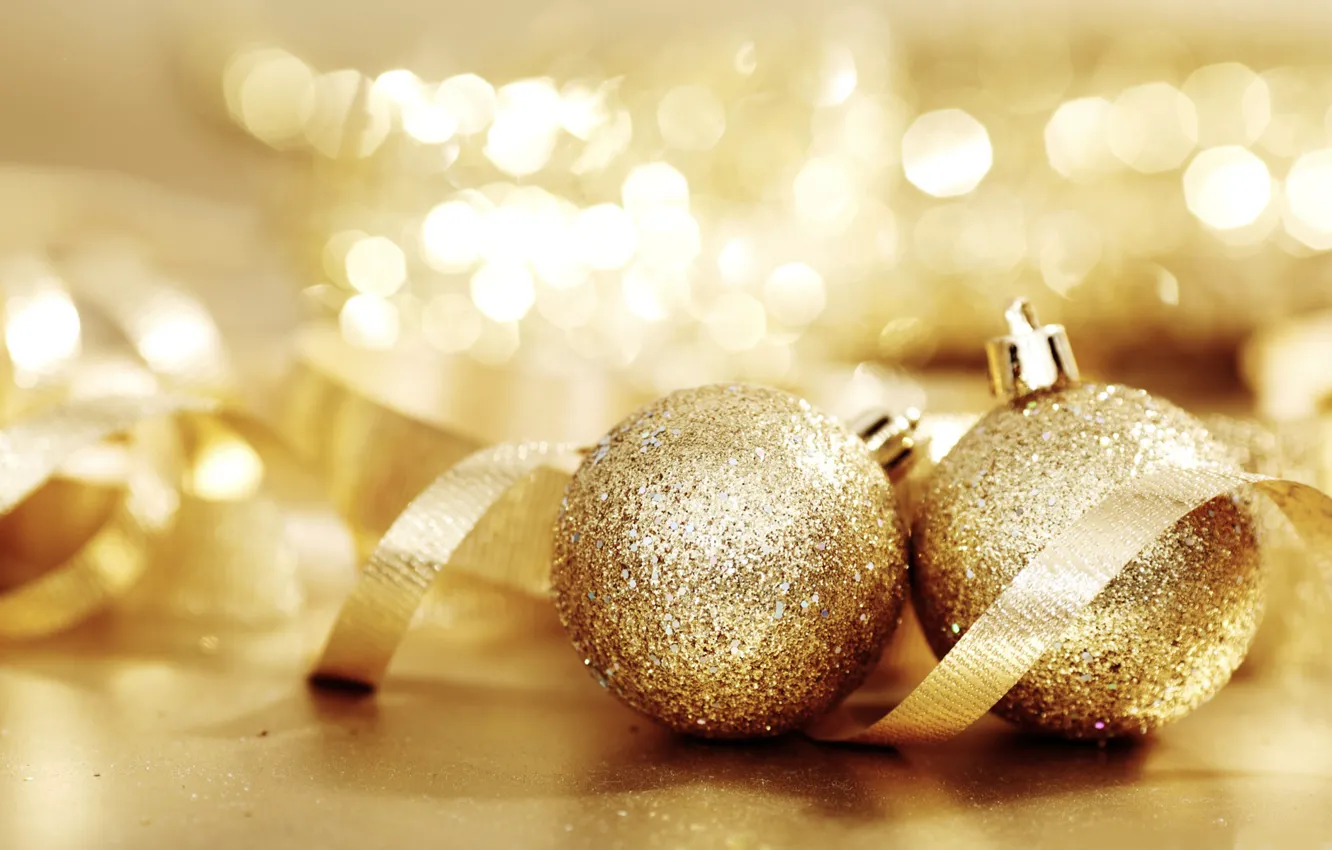 Фото обои шарики, огни, золото, настроение, праздник, игрушки, новый год, лента