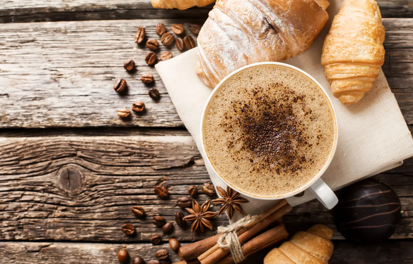 Фото обои кофе, завтрак, корица, wood, coffee, анис звёздчатый, шоколадные конфеты, aroma