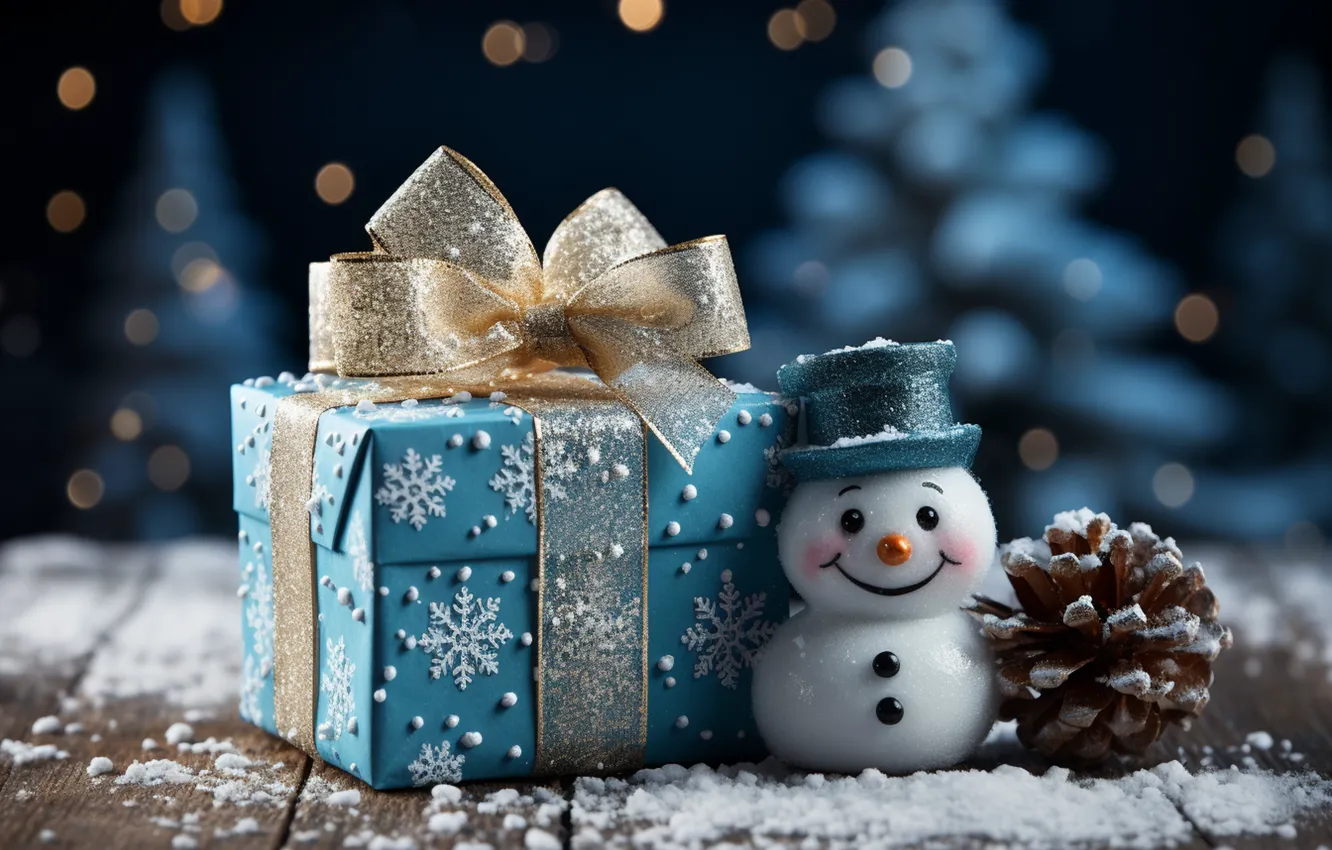 Фото обои зима, снег, украшения, снежинки, Новый Год, Рождество, подарки, снеговик