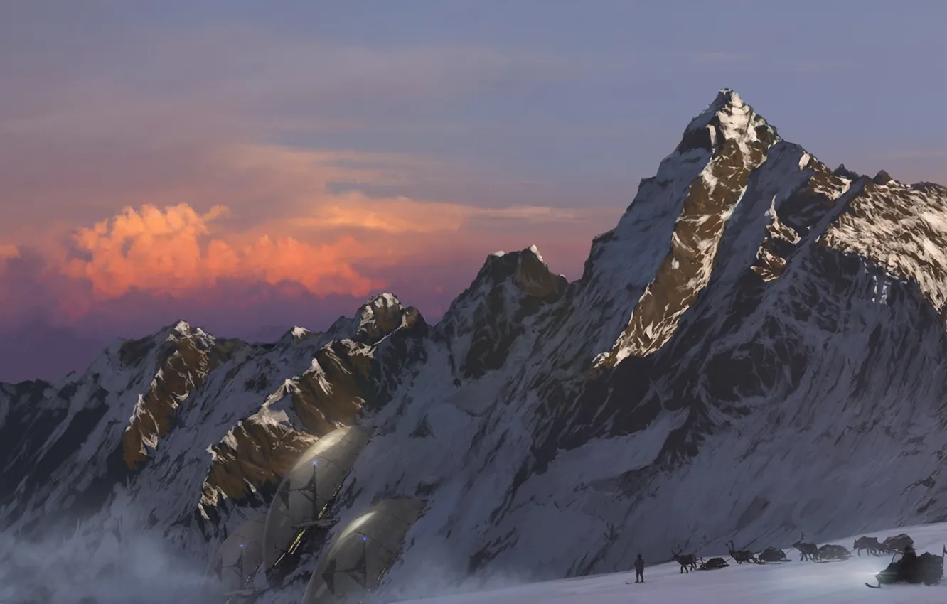 Фото обои снег, горы, люди, лыжи, арт, упряжка, олени, путники
