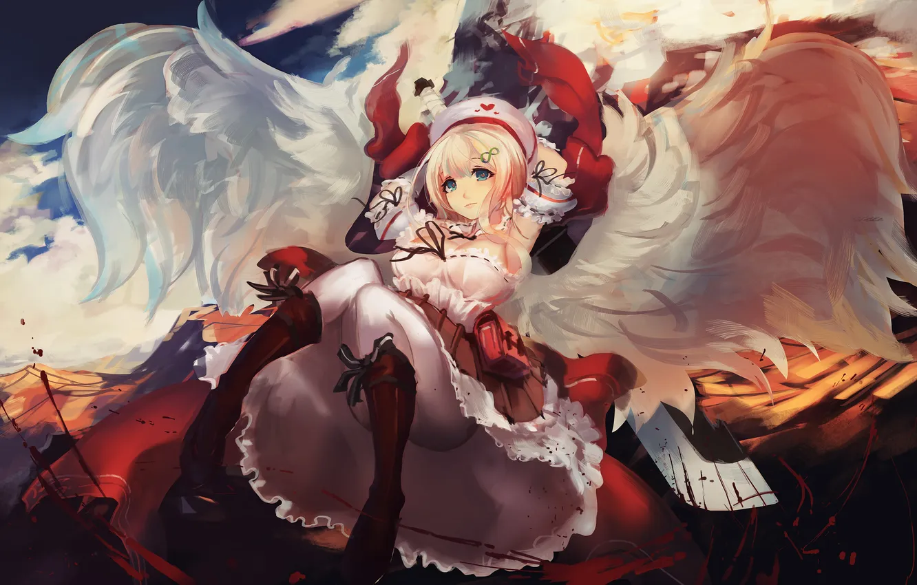 Фото обои небо, девушка, облака, улыбка, крылья, аниме, арт, doomfest