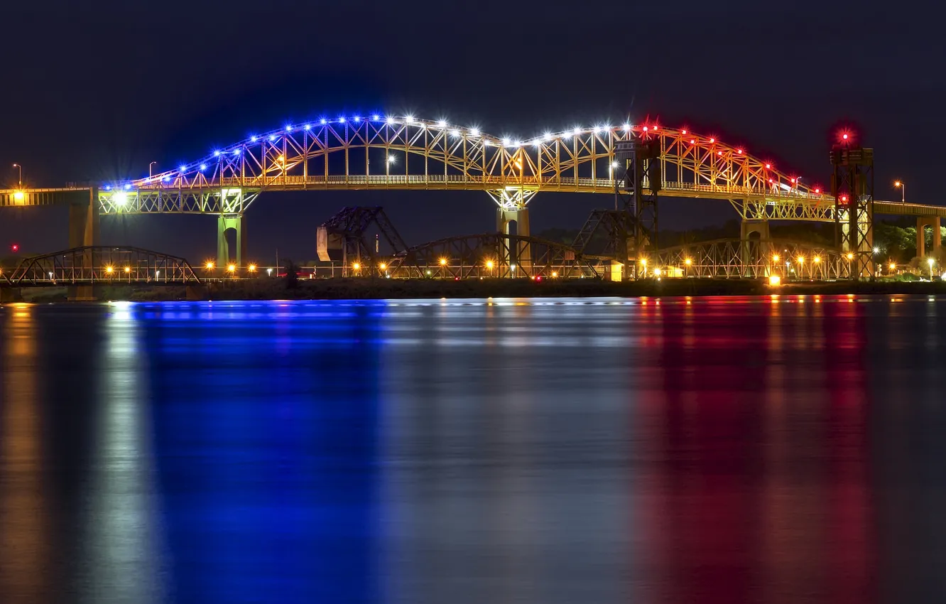 Фото обои ночь, огни, Мичиган, панорама, Marie International Bridge