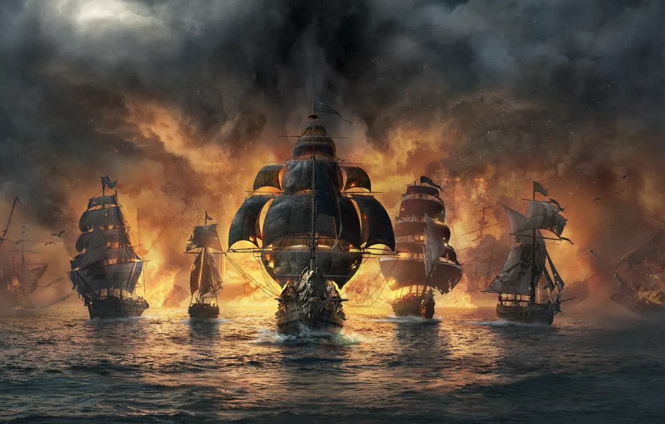 Фото обои Clouds, Fire, War, Ocean, Battleship, Thunder, Battleships