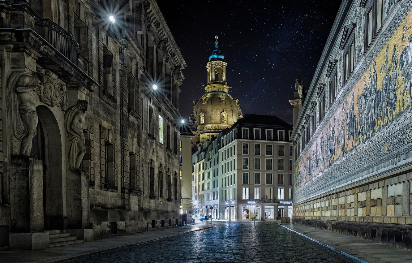 Фото обои ночь, улица, Германия, Дрезден, Augustusstraße