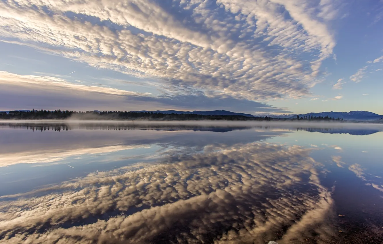 Фото обои облака, отражение, Германия, Бавария, Germany, Bavaria, Lake Kirchsee, озеро Кирхзее