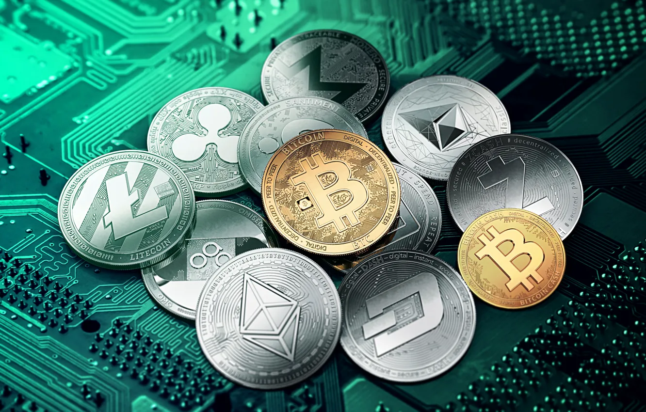Фото обои green, зелёный, монеты, coins, cryptocurrency, криптовалюты