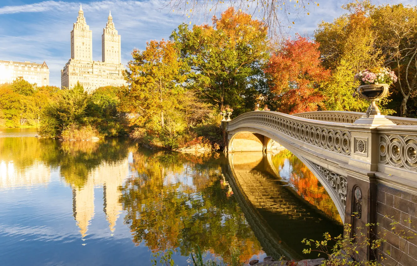 Фото обои осень, мост, озеро, Нью-Йорк, США, Центральный парк