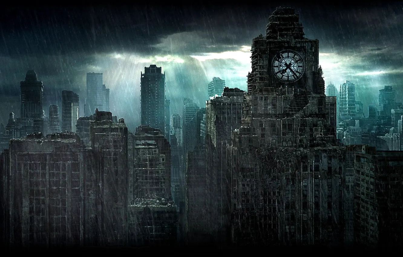 Фото обои ночь, город, часы, руины, ливень, Time Shift