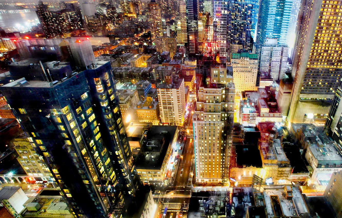 Фото обои огни, дома, Нью-Йорк, США, небоскрёбы, мегаполис, вид сверху, улицы