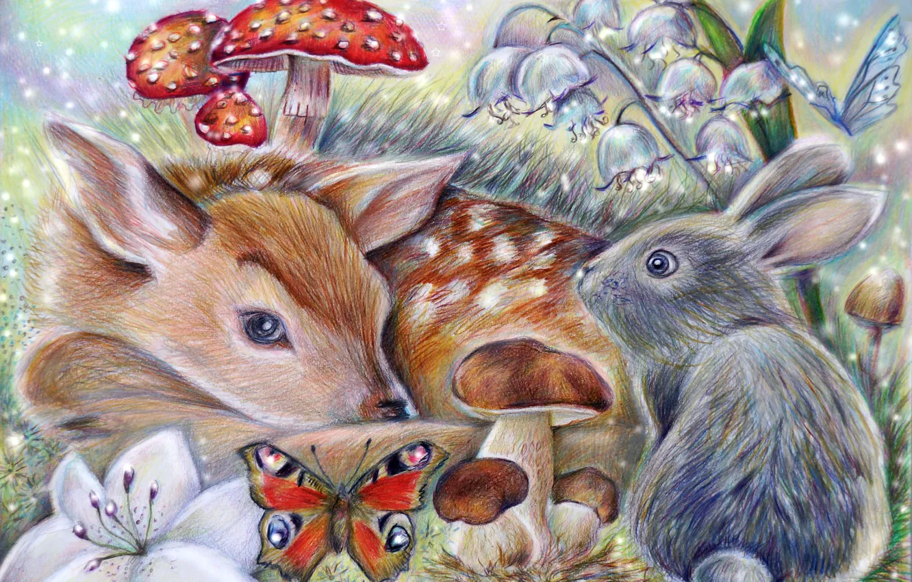Фото обои бабочка, гриб, кролик, арт, Bambi, thumper, олененок бемби