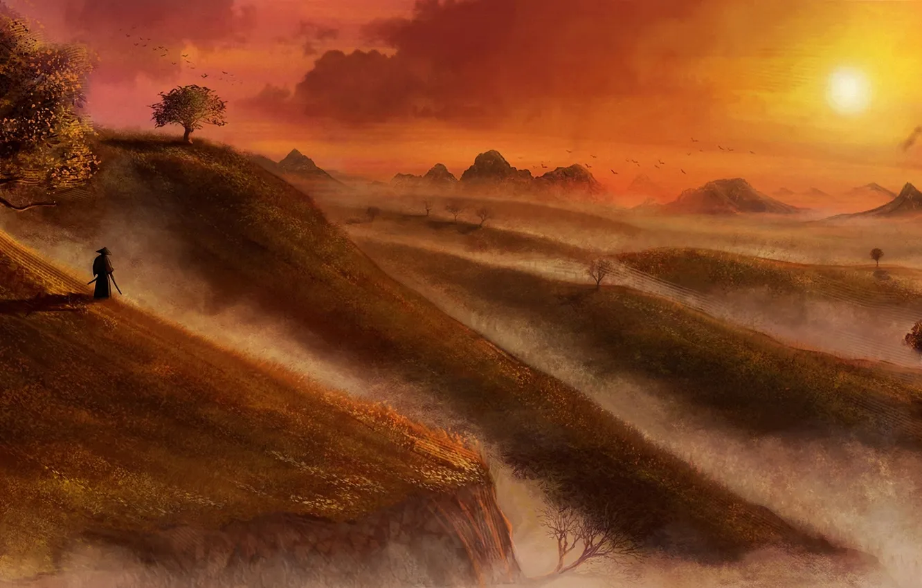 Фото обои пейзаж, закат, туман, холмы, азия, человек, арт, самурай
