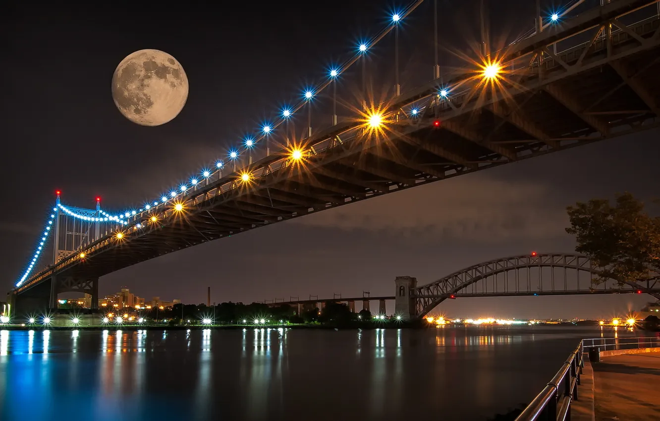 Фото обои ночь, мост, город, река, луна