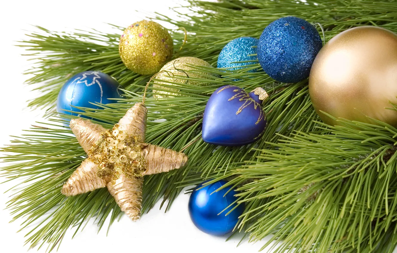 Фото обои шарики, украшения, шары, игрушки, звезда, елка, ветка, Новый Год