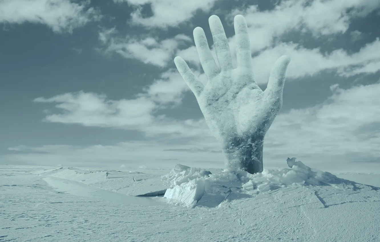 Фото обои снег, рендеринг, рука, лёд, прорыв, пролом