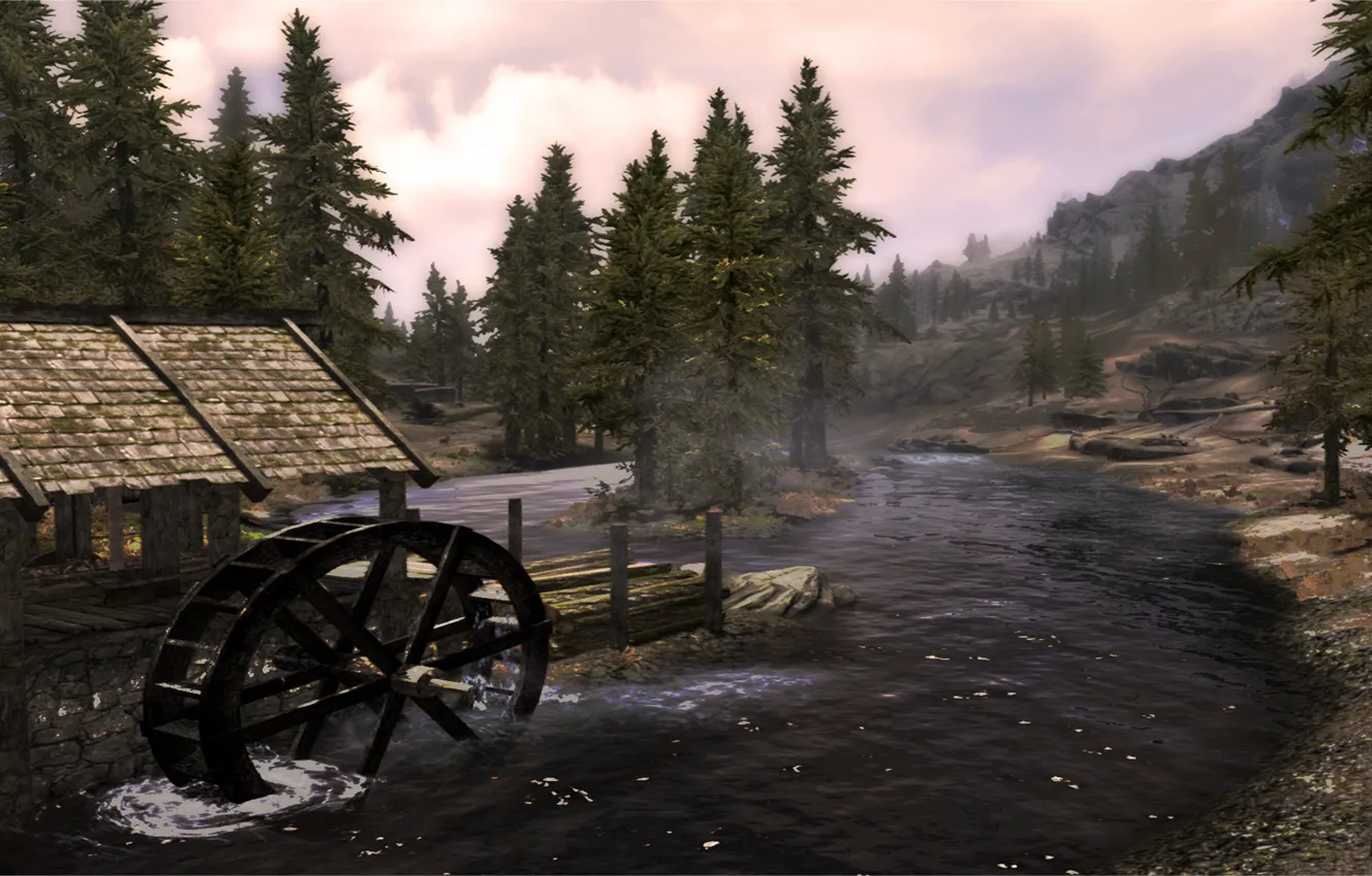 Фото обои деревья, река, skyrim, лесопилка