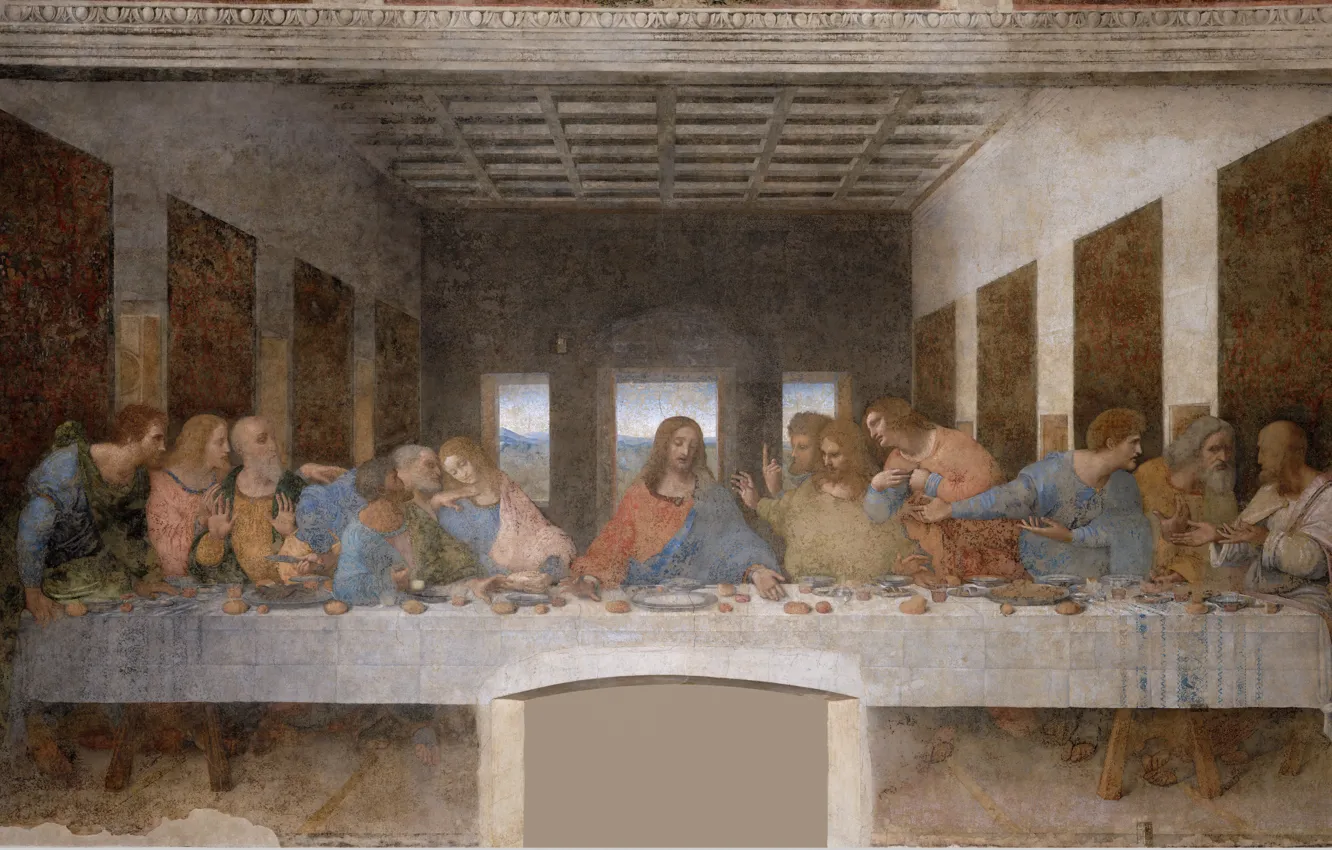 Фото обои картина, фреска, живопись, искусство, средневековье, Тайная вечеря, апостолы, Христос