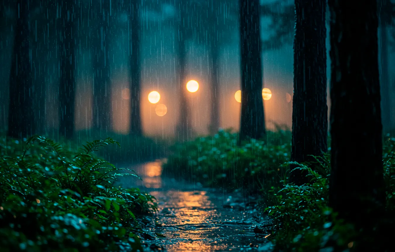 Фото обои ночь, lights, огни, парк, дождь, обои, wallpaper, тропинка