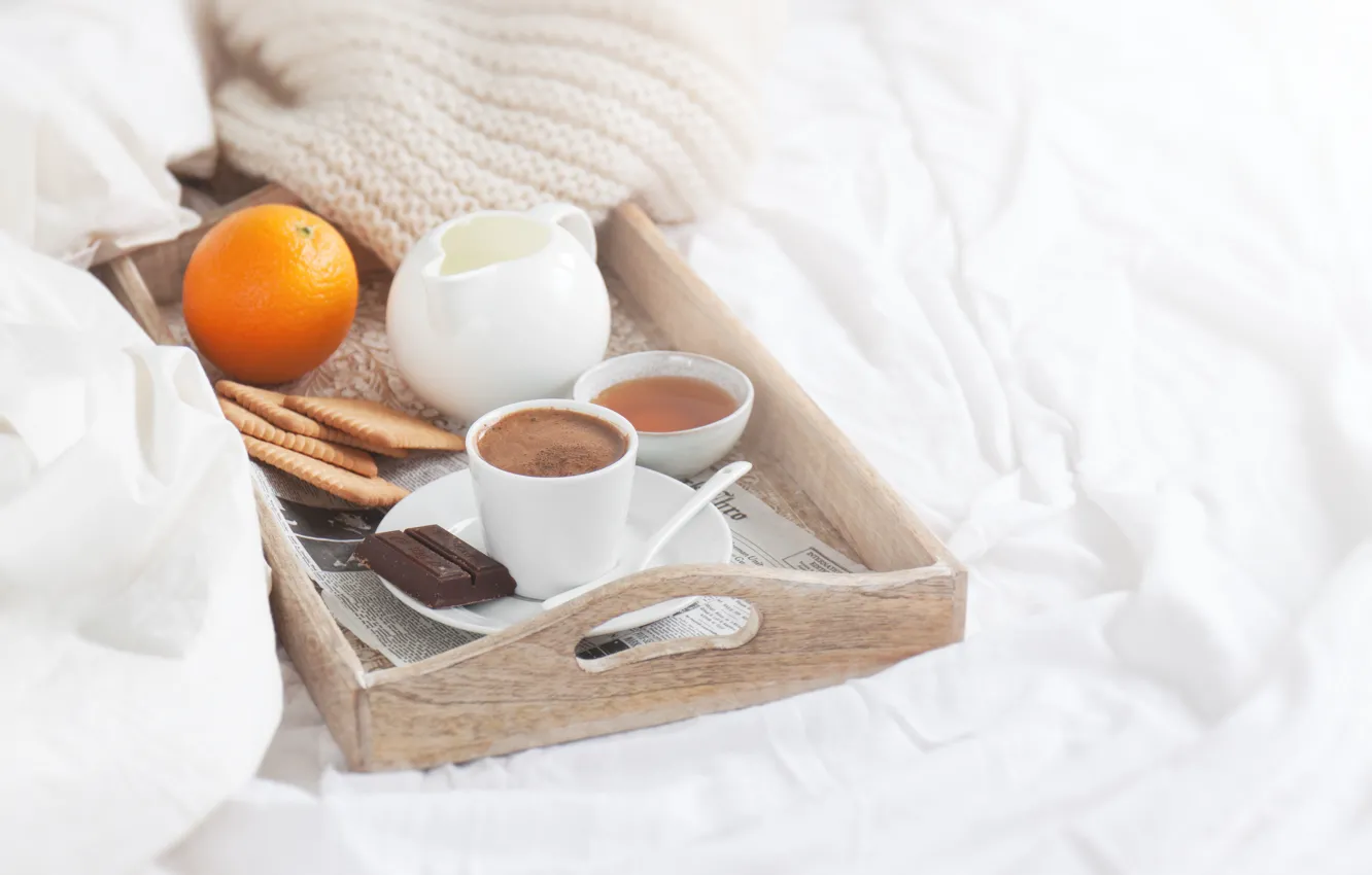 Фото обои шоколад, завтрак, молоко, печенье, мёд, поднос, кофе в постель, Valeria Aksakova