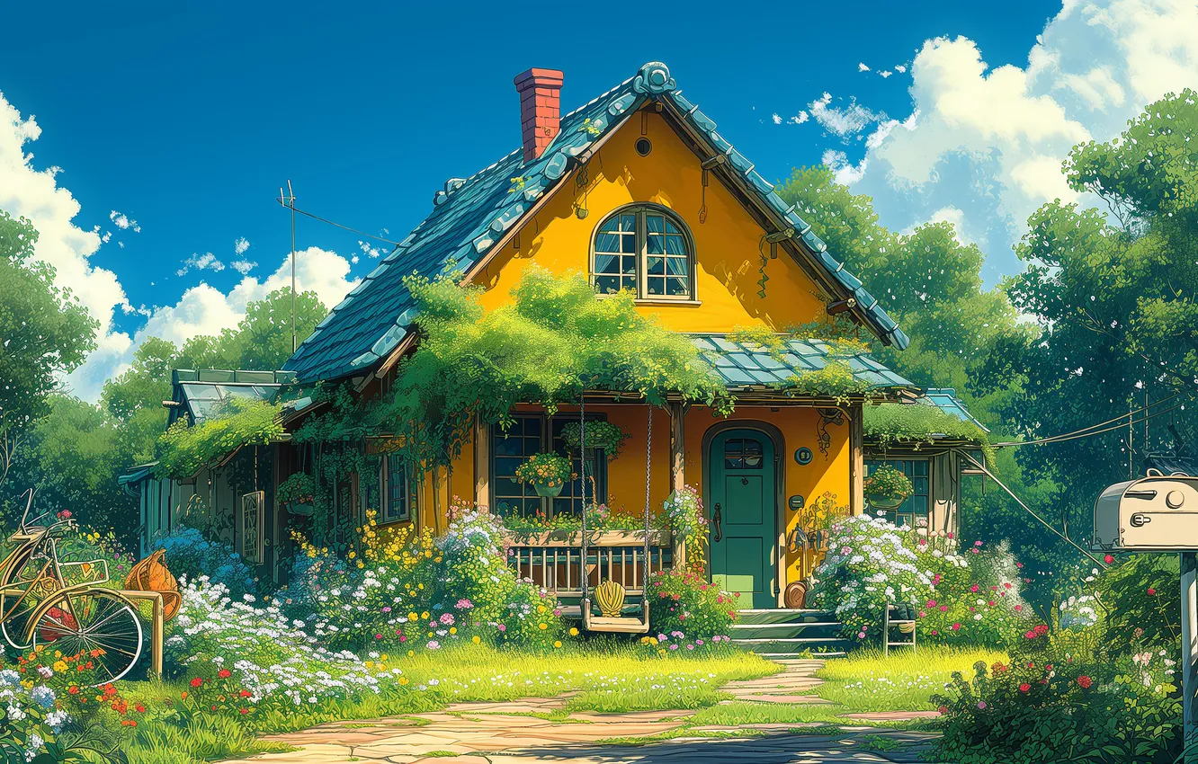 Фото обои house, flowers, digital art, AI art