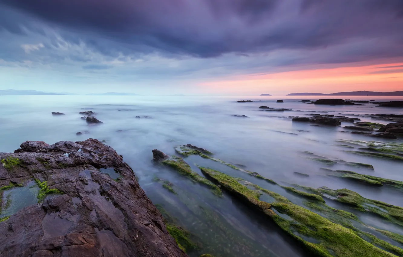 Фото обои море, пляж, камни, бухта, выдержка, Испания