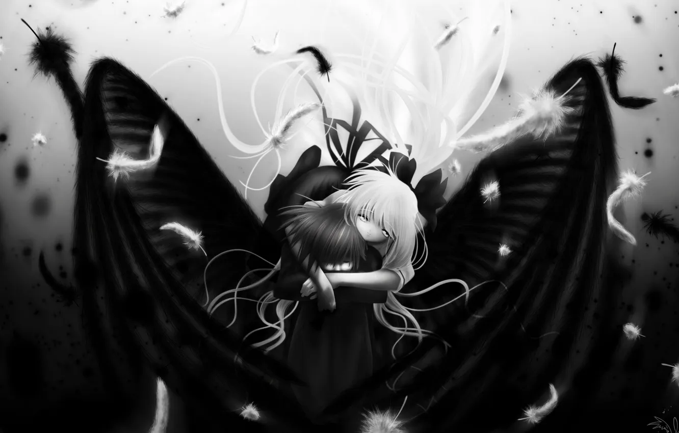Фото обои крылья, ангел, мальчик, перья, девочка