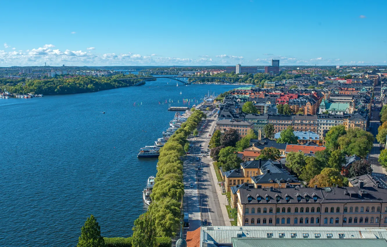 Фото обои город, река, фото, сверху, Швеция, Stockholm