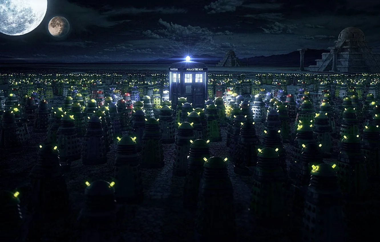 Фото обои луна, будка, пирамиды, Doctor Who, Доктор Кто, ТАРДИС, TARDIS, Daleks