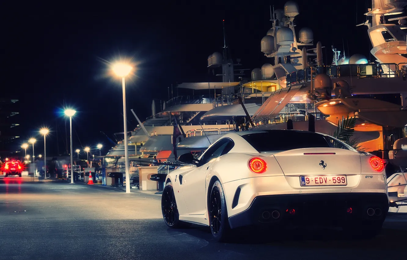 Фото обои ночь, город, огни, пристань, яхты, Ferrari, Монако, Fiorano Spotting