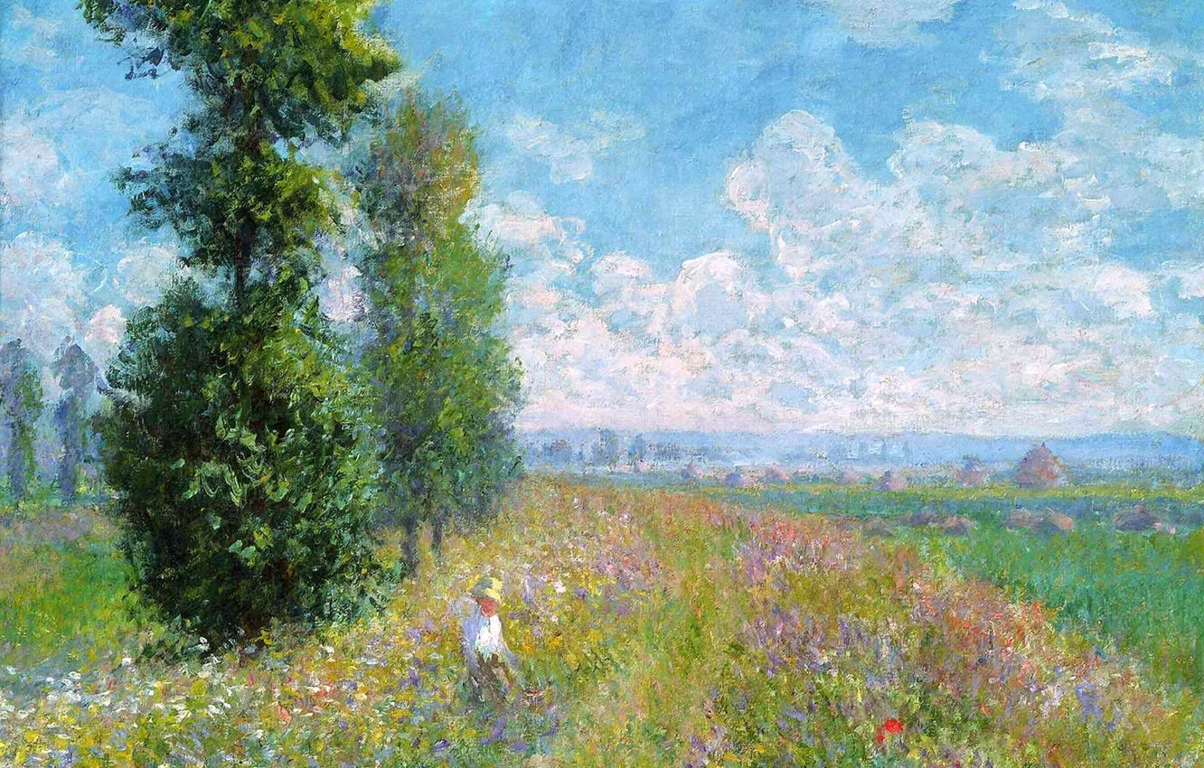Фото обои поле, небо, трава, облака, деревья, пейзаж, цветы, картина