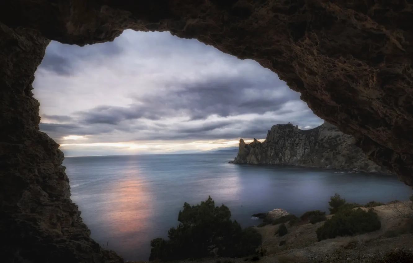Фото обои море, пейзаж, закат, природа, скалы, вечер, Крым