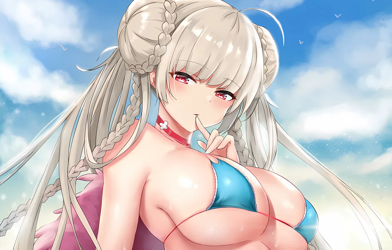 Фото обои girl, sexy, wet, cleavage, sky, long hair, boobs, anime
