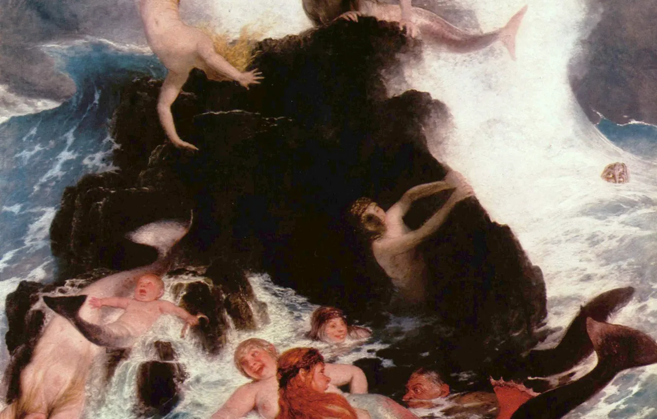 Фото обои русалки, 1886, Арнольд Бёклин, Игры наяд