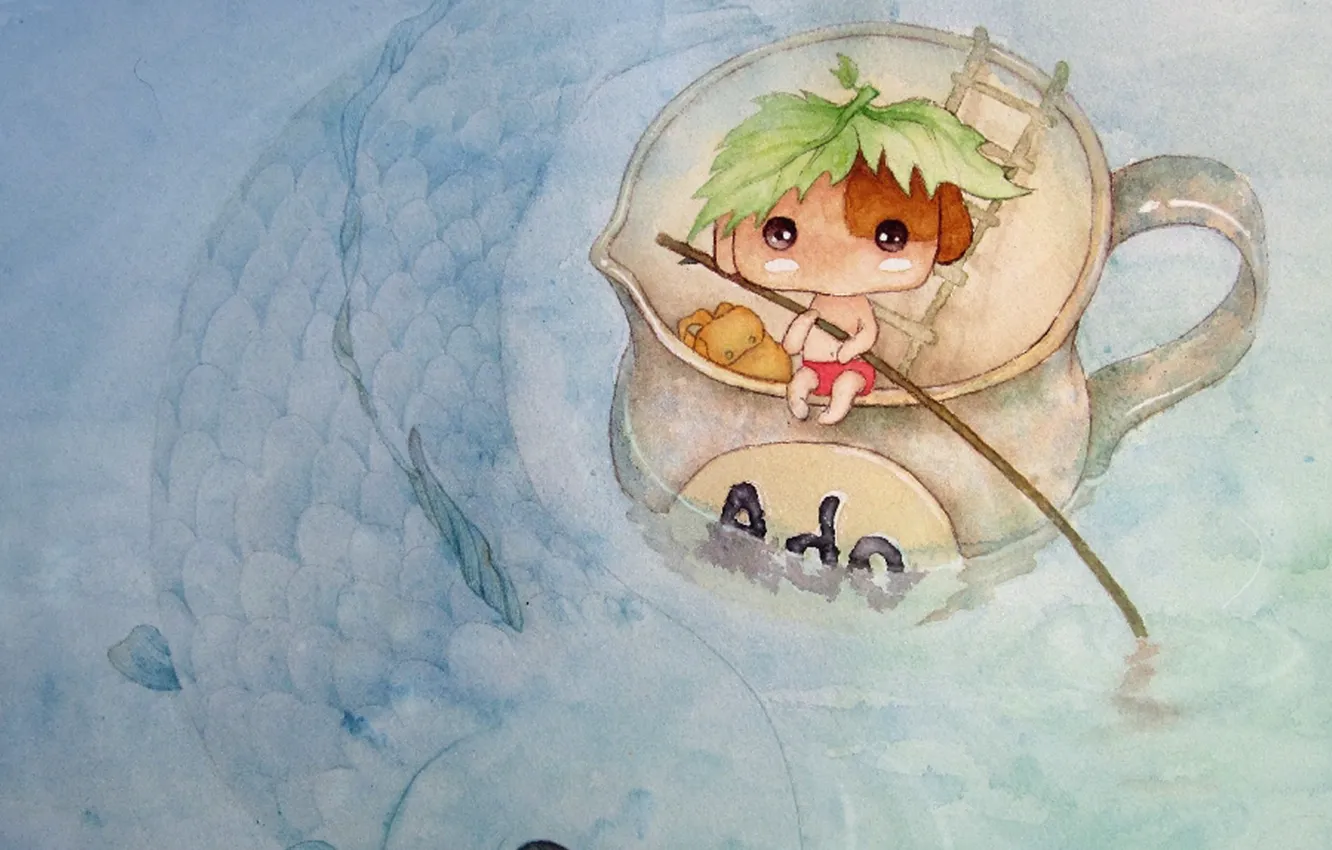 Фото обои вода, лист, река, рисунок, аниме, малыш, арт, кружка