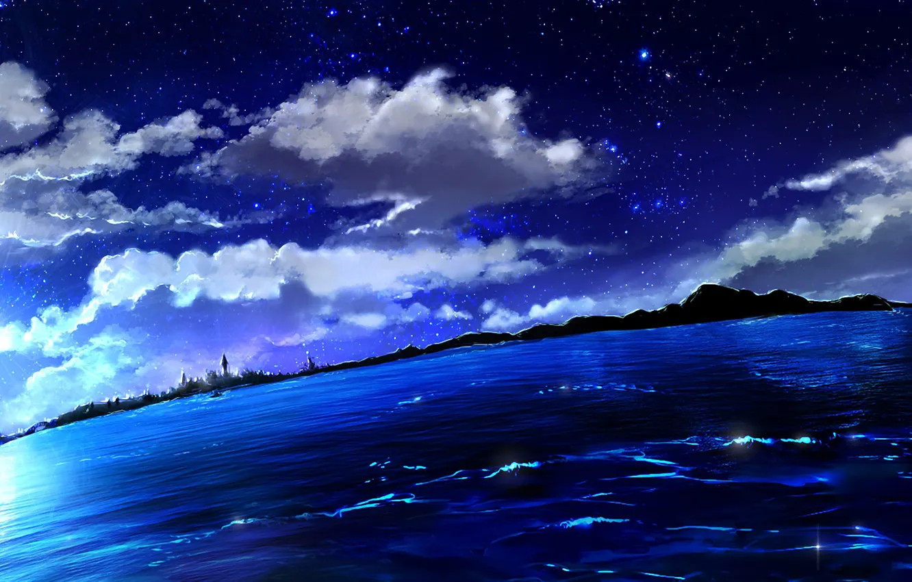 Фото обои облака, пейзаж, ночь, огни, река, луна, берег, арт